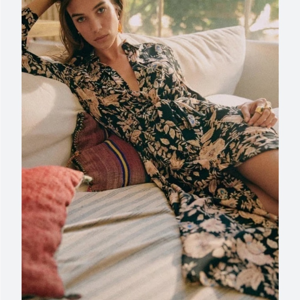 Sezane Floral Black and Cream Midi Dress - Picture 2 of 5